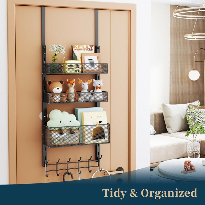 Consumest Over The Door Hooks Organizer - 4 Tier Door Coat Rack with 3 Baskets and 12 Hooks, Stainless Steel Towel Hanger for Bedroom, Bathroom, Living Room, Black - Image 5